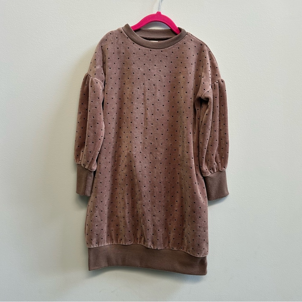 Analogie By Lil Legs Taupe Dotted Velour Puff Sleeve Dress, Size 6Y.